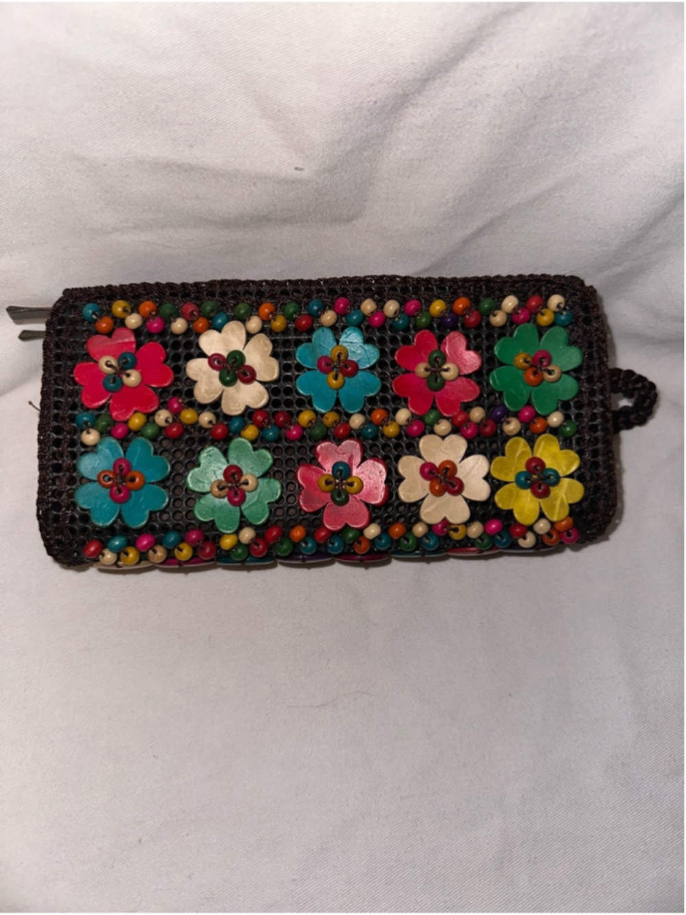 New Vintage Jamaica Coconut Shell Beaded Wallet Clutch Zip Coin Purse Floral - Picture 3 of 5